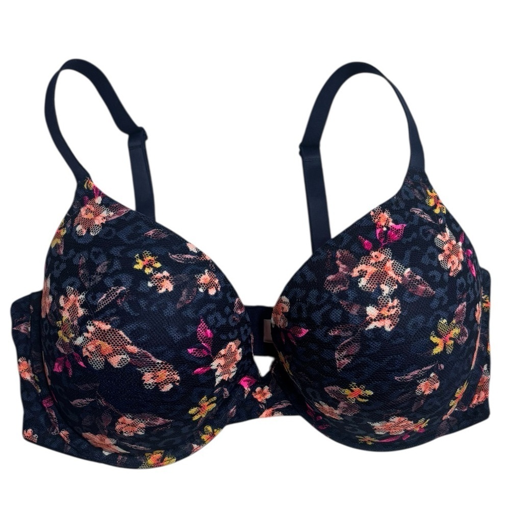 Victoria's Secret PINK Wear Everywhere Push Up Bra Women's 34DD Blue Floral Mesh